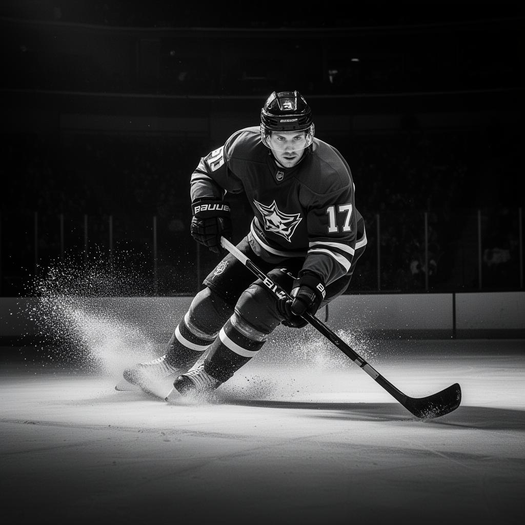 Elite hockey player carving on the ice in editorial monochrome
